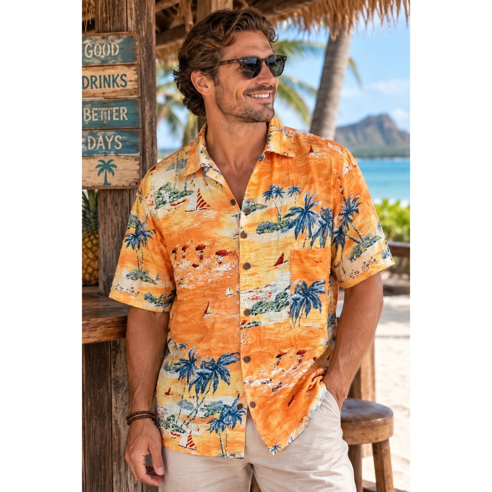 Joe Marlin Men Large Orange Tropical Palm Tree Sailboat Hawaiian Button Up Shirt